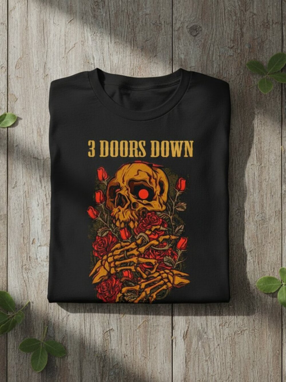 3 Doors Down Skull Roses Retro Rock Band Graphic Tee Black